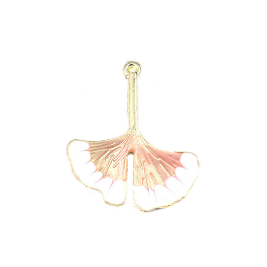 Imagen de Zamak Colgantes Hoja de Ginkgo Chapado en Oro Blanco & Rosa Claro Esmalte 31mm x 25mm, 5 Unidades