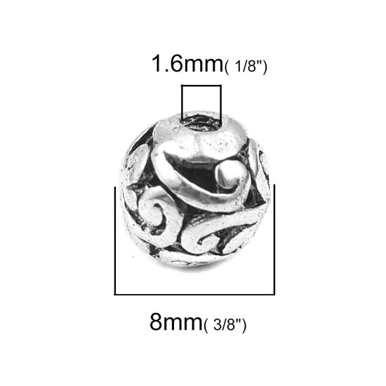 Image de Perles en Alliage de Zinc Rond Argent Vieilli Vignes de Fleurs Gravé Creux 8mm Dia, Trou: env. 1.6mm, 10 Pcs