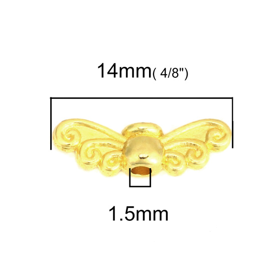 Immagine di Lega di Zinco Perline Ali Oro Placcato Intagliato Scolpisce Circa 14mm x 5mm, Foro:Circa 1.5mm, 100 Grammi (Circa 280 Pz)