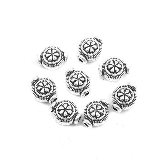 Picture of Zinc Based Alloy Spacer Beads Round Antique Silver Color Flower 10mm x 8mm, Hole: Approx 1.7mm, 50 PCs