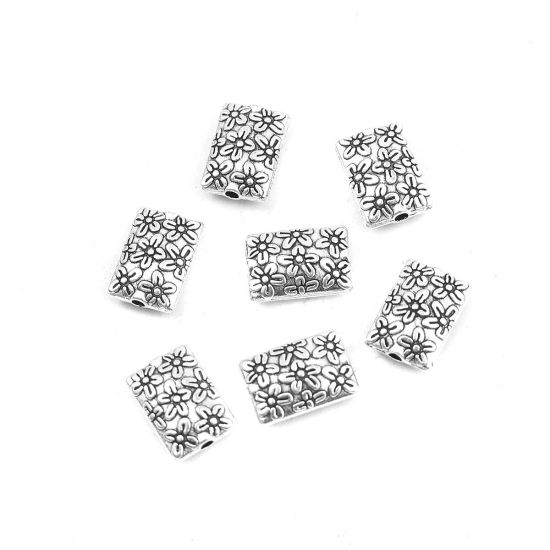 Picture of Zinc Based Alloy Spacer Beads Rectangle Antique Silver Color Flower 12mm x 8mm, Hole: Approx 1.4mm, 50 PCs
