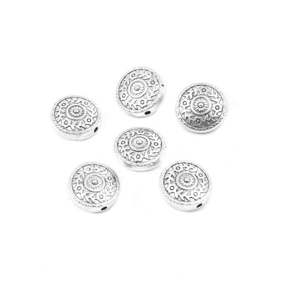 亜鉛合金 ビーズ 円形 銀古美 花彫刻 約 14mm 直径、 穴：約 1.7mm、 20 個 の画像