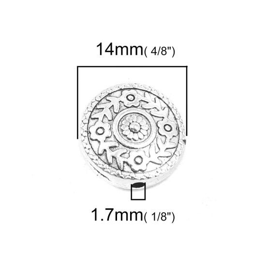 亜鉛合金 ビーズ 円形 銀古美 花彫刻 約 14mm 直径、 穴：約 1.7mm、 20 個 の画像