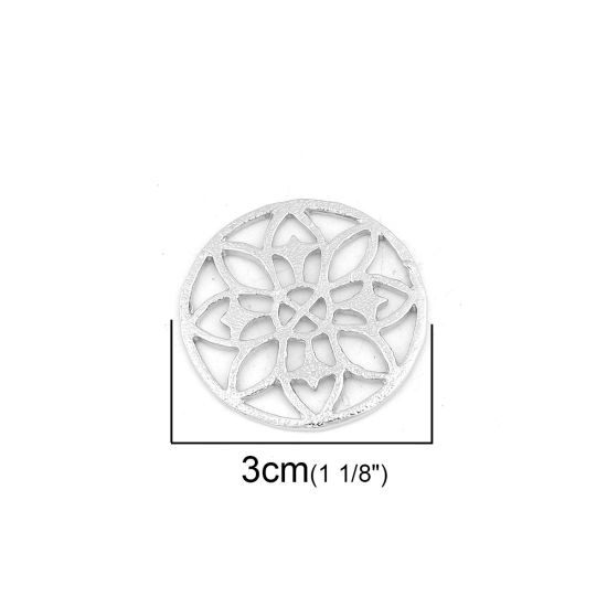 Bild von Zinklegierung Verbinder Rund Silberfarbe mit Blumen Muster Hohl, 30mm D., 10 Stück