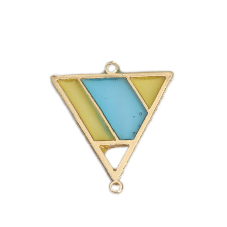 Image de Connecteurs Émail en Alliage de Zinc Triangle Jaune & Bleu Doré Creux 25mm x 23mm, 5 Pcs