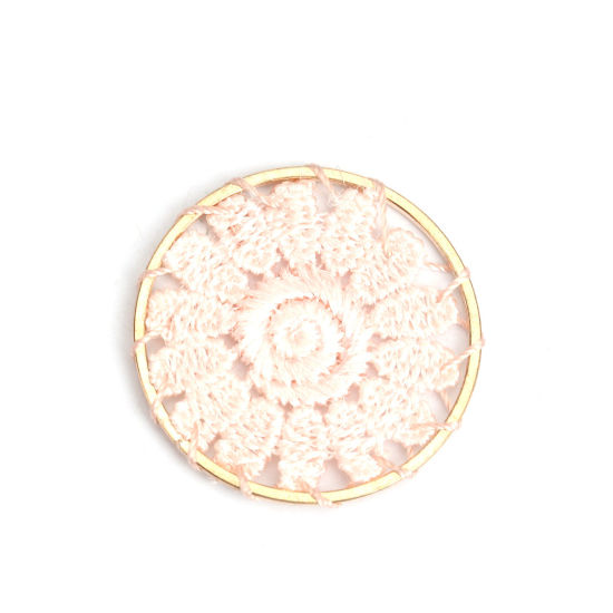 Picture of Zinc Based Alloy & Cotton Connectors Round Gold Plated Light Pink Flower Woven 3.3cm Dia., 10 PCs