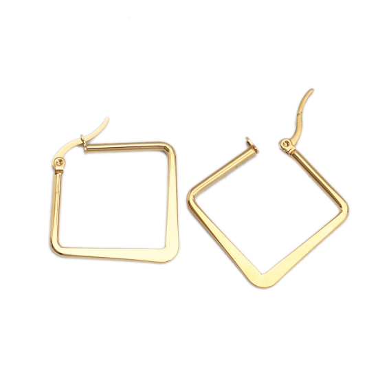Imagen de 304 Acero Inoxidable Pendientes Círculos Chapado en Oro Diamond 3.4cm x 3.4cm, Post/ Wire Size: (17 gauge), 1 Par