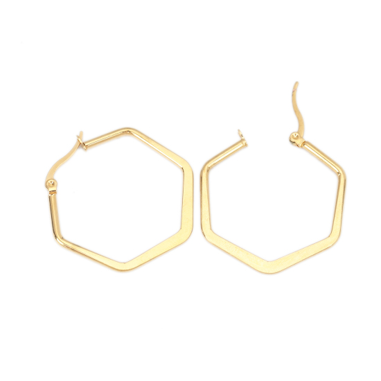 Immagine di 304 Acciaio Inossidabile orecchino cerchio Oro Placcato Esagono 3.5cm x 3.5cm, Posta / Filo Dimensione: (17 misura), 1 Paio