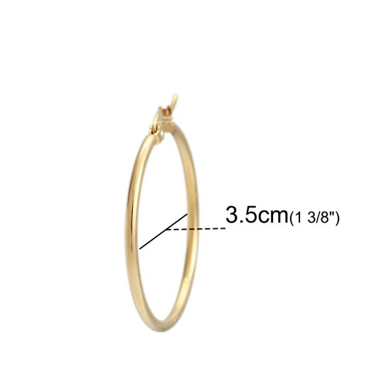 304ステンレス鋼 フープピアス 金メッキ 円形 3.5cm 直径、 ワイヤーサイズ: （17号）、 1 ペア の画像
