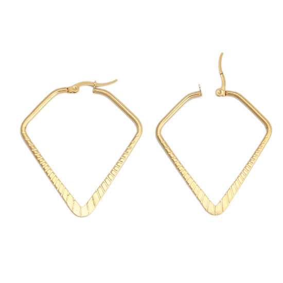 Imagen de 304 Acero Inoxidable Pendientes Círculos Chapado en Oro Diamante Raya 4.5cm x 4cm, Post/ Wire Size: (17 gauge), 1 Par