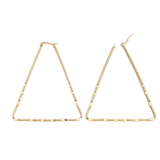 Picture of 304 Stainless Steel Hoop Earrings Gold Plated Triangle Carved Pattern 7.7cm x 6.5cm, Post/ Wire Size: (17 gauge), 1 Pair