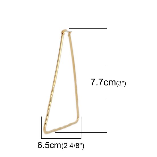 Picture of 304 Stainless Steel Hoop Earrings Gold Plated Triangle Carved Pattern 7.7cm x 6.5cm, Post/ Wire Size: (17 gauge), 1 Pair