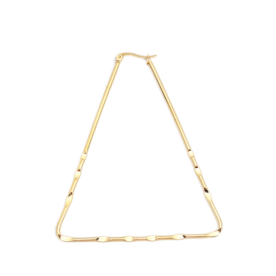 Picture of 304 Stainless Steel Hoop Earrings Gold Plated Triangle Carved Pattern 7.7cm x 6.5cm, Post/ Wire Size: (17 gauge), 1 Pair