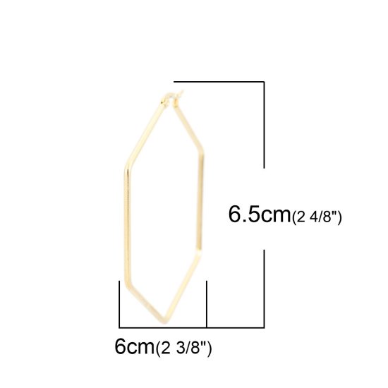 304ステンレス鋼 フープピアス 金メッキ 六角 6.5cm x 6cm、 ワイヤーサイズ: （17号）、 1 ペア の画像