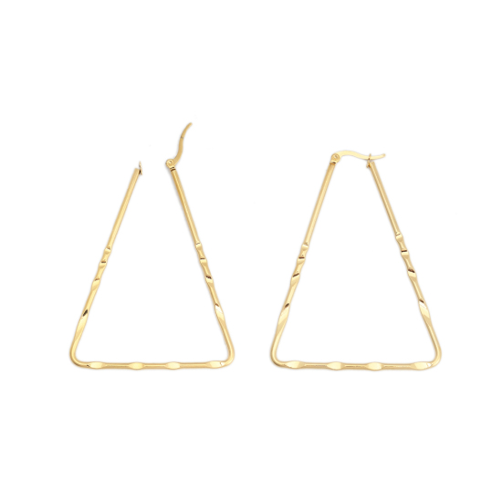 Picture of 304 Stainless Steel Hoop Earrings Gold Plated Triangle Carved Pattern 6.6cm x 5cm, Post/ Wire Size: (17 gauge), 1 Pair