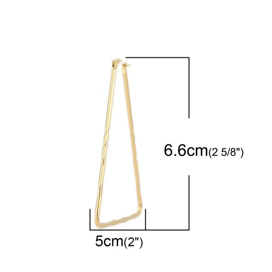 Picture of 304 Stainless Steel Hoop Earrings Gold Plated Triangle Carved Pattern 6.6cm x 5cm, Post/ Wire Size: (17 gauge), 1 Pair
