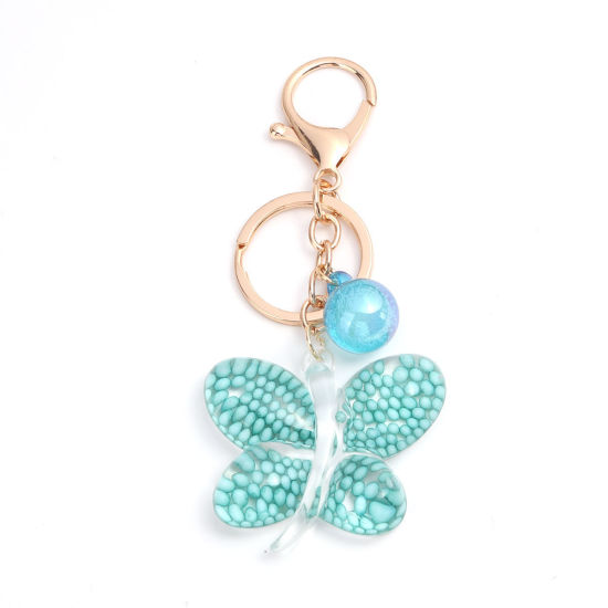 Picture of Keychain & Keyring Gold Plated Green Butterfly Animal Sequins 10.7cm x 5cm, 1 Piece