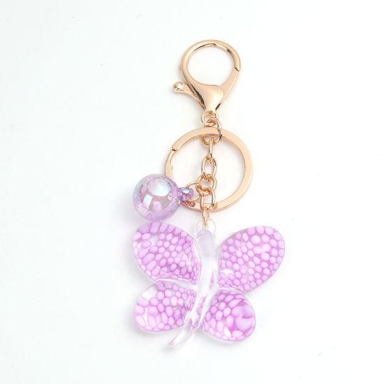 Picture of Keychain & Keyring Gold Plated Purple Butterfly Animal Sequins 10.7cm x 5cm, 1 Piece