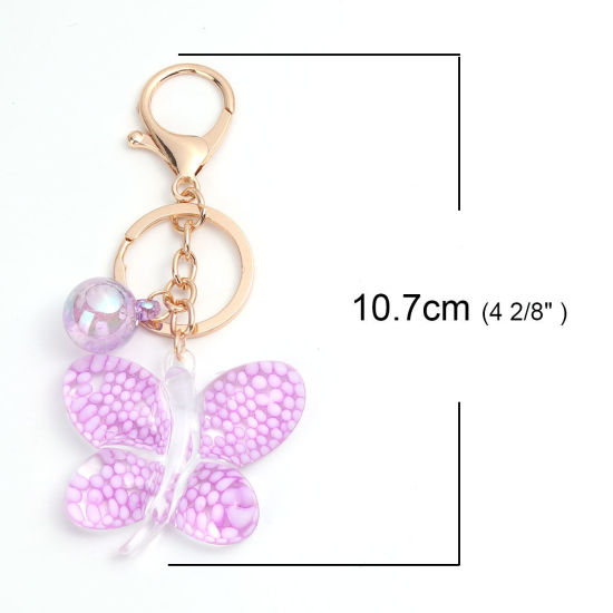 Изображение Кольца и Цепи для Ключей Позолоченный Фиолетовый Бабочка Блестки 10.7см x 5см, 1 ШТ