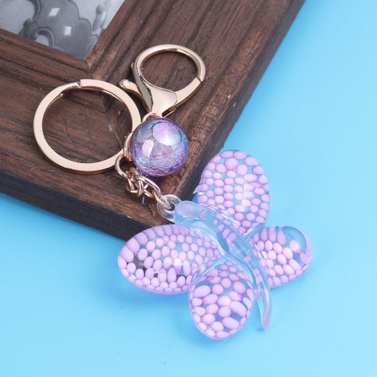 キーチェーンとキーリング 金メッキ 紫 蝶 スパンコール 10.7cm x 5cm、 1 個 の画像