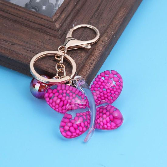 Picture of Keychain & Keyring Gold Plated Purple Butterfly Animal Sequins 10.7cm x 5cm, 1 Piece