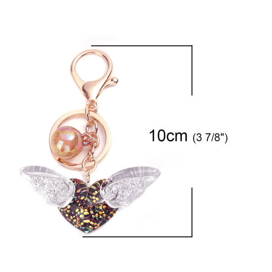 Picture of Keychain & Keyring Gold Plated White Heart Wing Sequins 10cm x 6.6cm, 1 Piece
