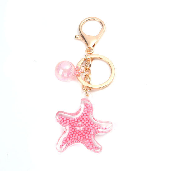 Picture of Keychain & Keyring Gold Plated Pink Ball Pentagram Star Sequins 11.5cm x 4.3cm, 1 Piece
