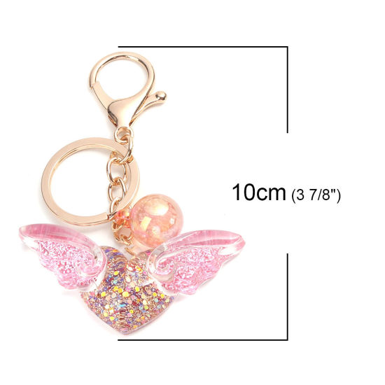 Picture of Keychain & Keyring Gold Plated Pink Heart Wing Sequins 10cm x 6.6cm, 1 Piece