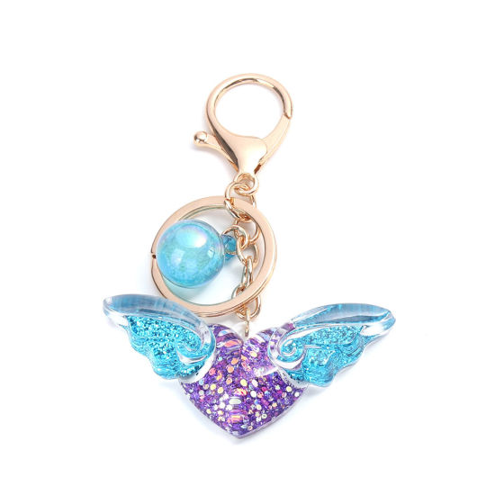 Picture of Keychain & Keyring Gold Plated Blue Heart Wing Sequins 10cm x 6.6cm, 1 Piece