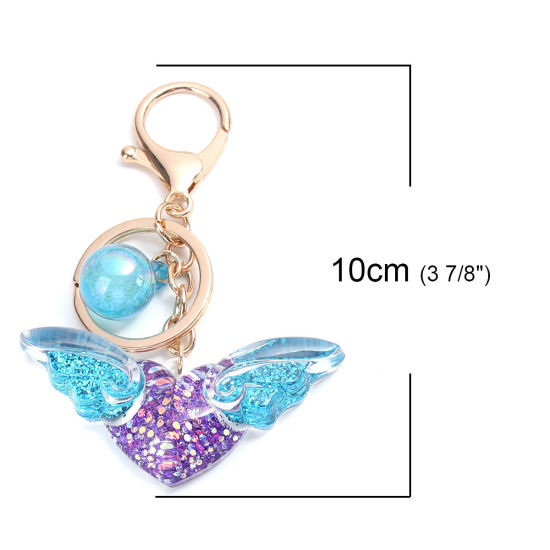 Picture of Keychain & Keyring Gold Plated Blue Heart Wing Sequins 10cm x 6.6cm, 1 Piece