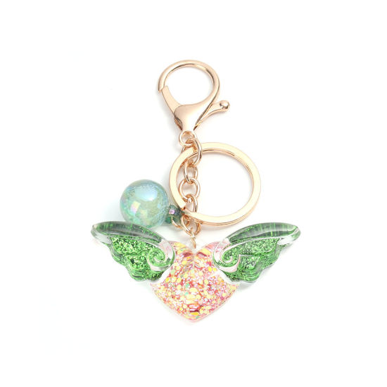 Picture of Keychain & Keyring Gold Plated Green Heart Wing Sequins 10cm x 6.6cm, 1 Piece