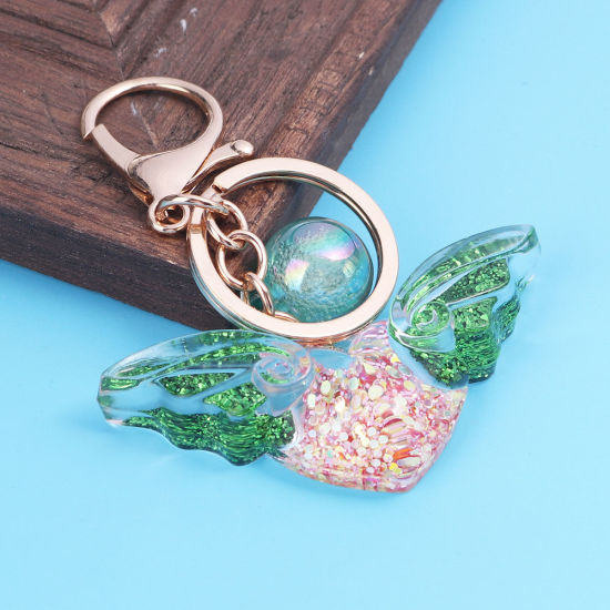 Picture of Keychain & Keyring Gold Plated Green Heart Wing Sequins 10cm x 6.6cm, 1 Piece