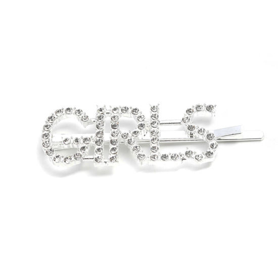 Immagine di Forcina Argento Placcato Lettere " girl " Trasparente Strass 6cm x 1.9cm, 2 Pz