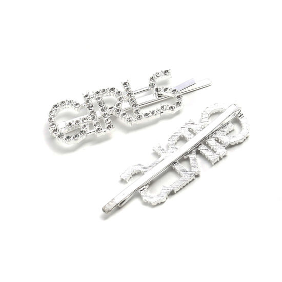 Immagine di Forcina Argento Placcato Lettere " girl " Trasparente Strass 6cm x 1.9cm, 2 Pz