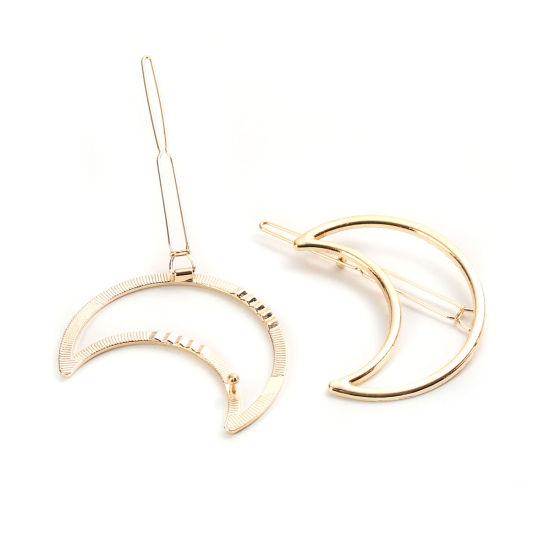 Picture of Zinc Based Alloy Hair Clips Findings Gold Plated Half Moon Hollow 6.3cm x 5.2cm, 5 PCs