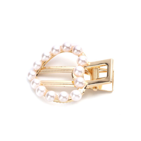 Imagen de Pinzas de pelo Blanco Chapado en Oro Corazón Imitación de perla 5.4cm x 3.8cm, 2 Unidades