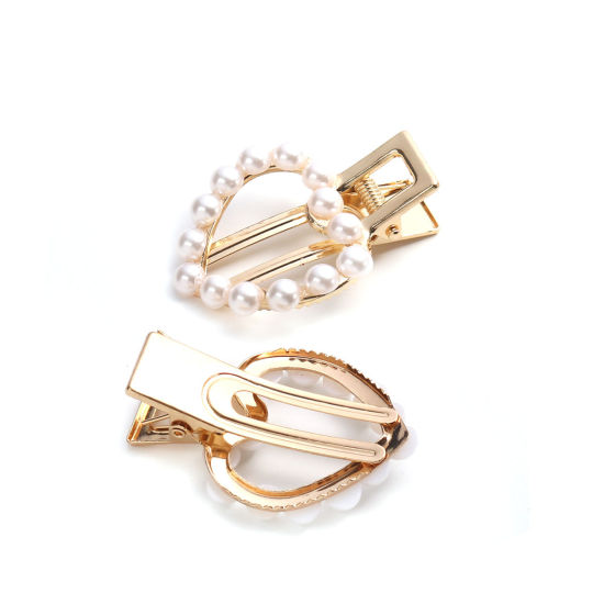 Imagen de Pinzas de pelo Blanco Chapado en Oro Corazón Imitación de perla 5.4cm x 3.8cm, 2 Unidades