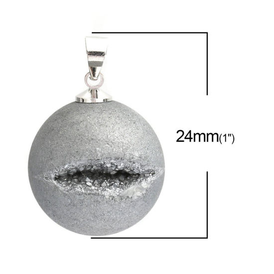 Image de 1 Pièce (Classement A) Pendentif Breloque en Agate ( Naturel ) Balle Argent Mat Gris Couleur AB 24mm x 21mm