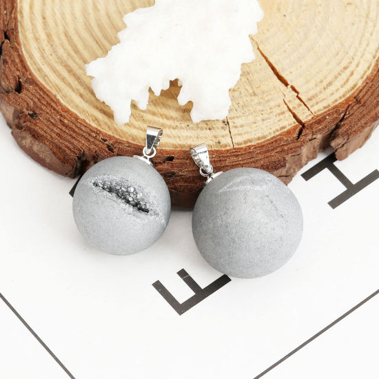 Picture of 1 Piece (Grade A) Agate ( Natural ) Charm Pendant Ball Silver Tone Gray AB Color 24mm x 21mm