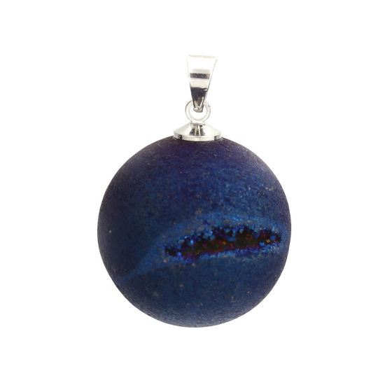 Picture of 1 Piece (Grade A) Agate ( Natural ) Charm Pendant Ball Silver Tone Dark Blue AB Color 24mm x 21mm