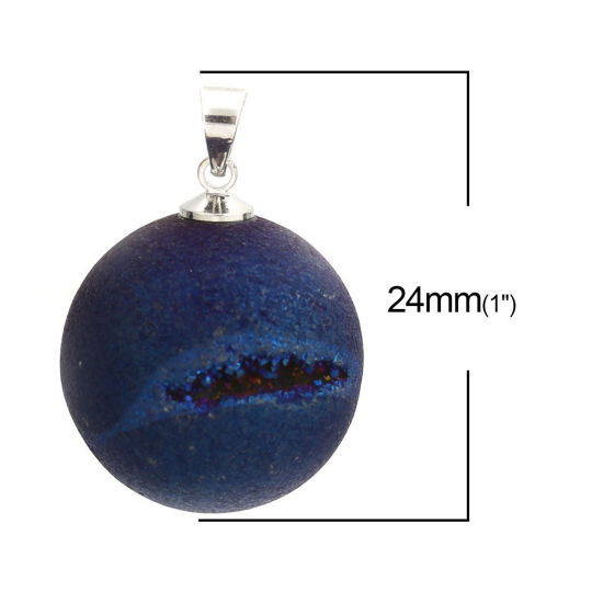 Image de 1 Pièce (Classement A) Pendentif Breloque en Agate ( Naturel ) Balle Argent Mat Bleu Foncé Couleur AB 24mm x 21mm