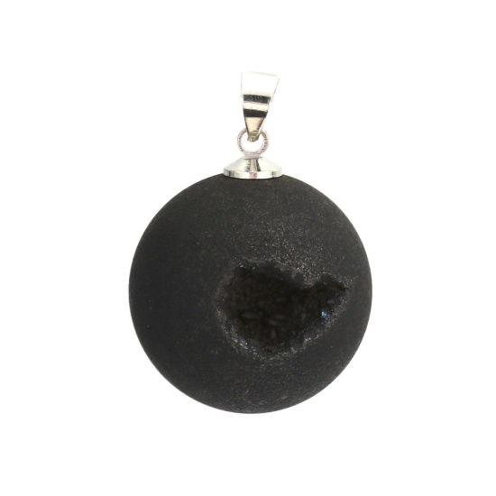 Picture of (Grade A) Agate ( Natural ) Charms Ball Silver Tone Black AB Color 24mm x 21mm, 1 Piece