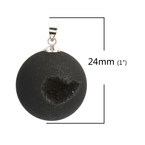 Picture of 1 Piece (Grade A) Agate ( Natural ) Charm Pendant Ball Silver Tone Black AB Color 24mm x 21mm