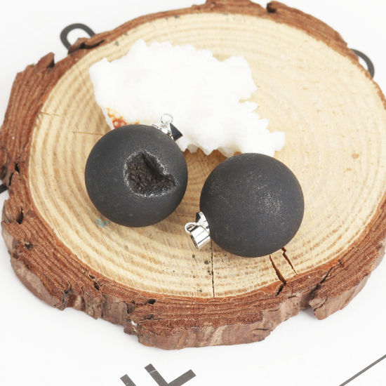 Picture of 1 Piece (Grade A) Agate ( Natural ) Charm Pendant Ball Silver Tone Black AB Color 24mm x 21mm