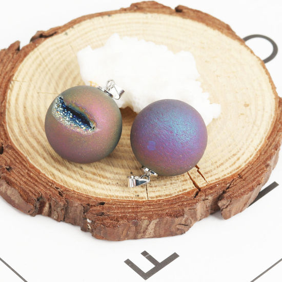 Picture of 1 Piece (Grade A) Agate ( Natural ) Charm Pendant Ball Silver Tone Multicolor AB Color 24mm x 21mm