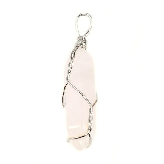 Picture of (Grade A) Crystal ( Natural ) Pendants Silver Tone Light Pink Crayon 4.3x1cm - 3.8x1cm, 5 PCs