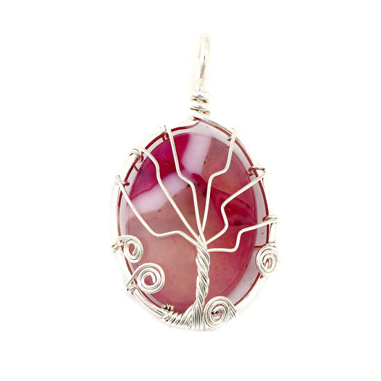 Picture of (Grade A) Agate ( Natural ) Pendants Oval Silver Plated Fuchsia Tree 4.2cm x 2.3cm - 4.1cm x 2.2cm, 1 Piece