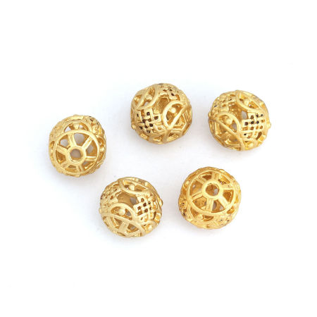 Lega di Zinco Perline Tondo Oro Opaco Filigrana Scolpisce Circa 11mm Dia, Foro:Circa 2.1mm, 5 Pz