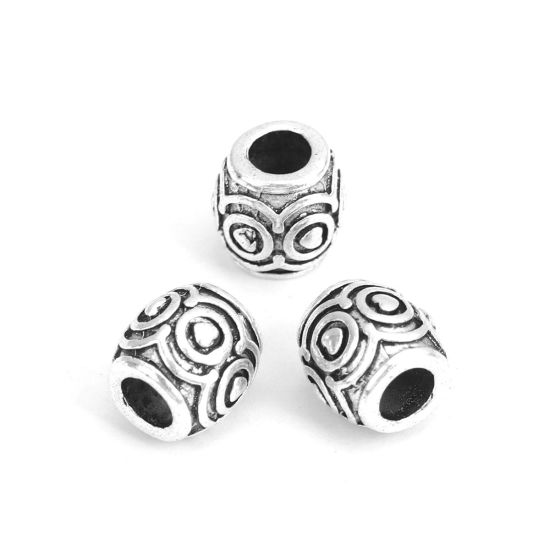 Immagine di Lega di Zinco Perline Cilindrico Argento Antico Intagliato Scolpisce Circa 10mm x 10mm, Foro:Circa 4.6mm, 5 Pz