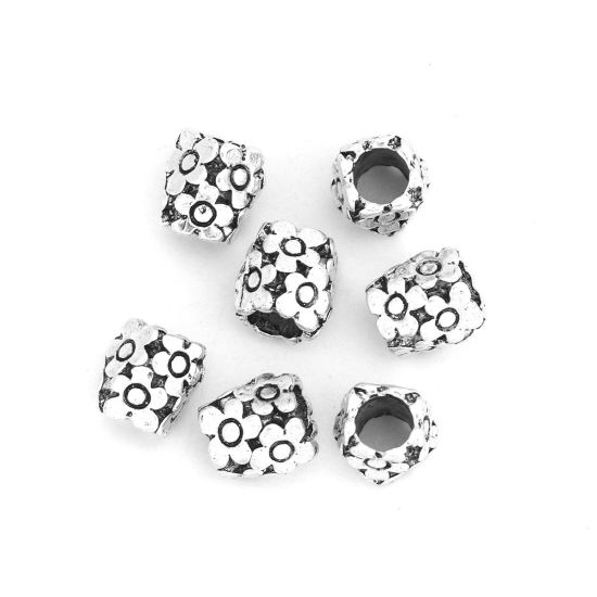 亜鉛合金 スペーサー ビーズ 円筒形 銀古美 花彫刻 約 9mm x 9mm、 穴：約 5.3mm、 10 個 の画像